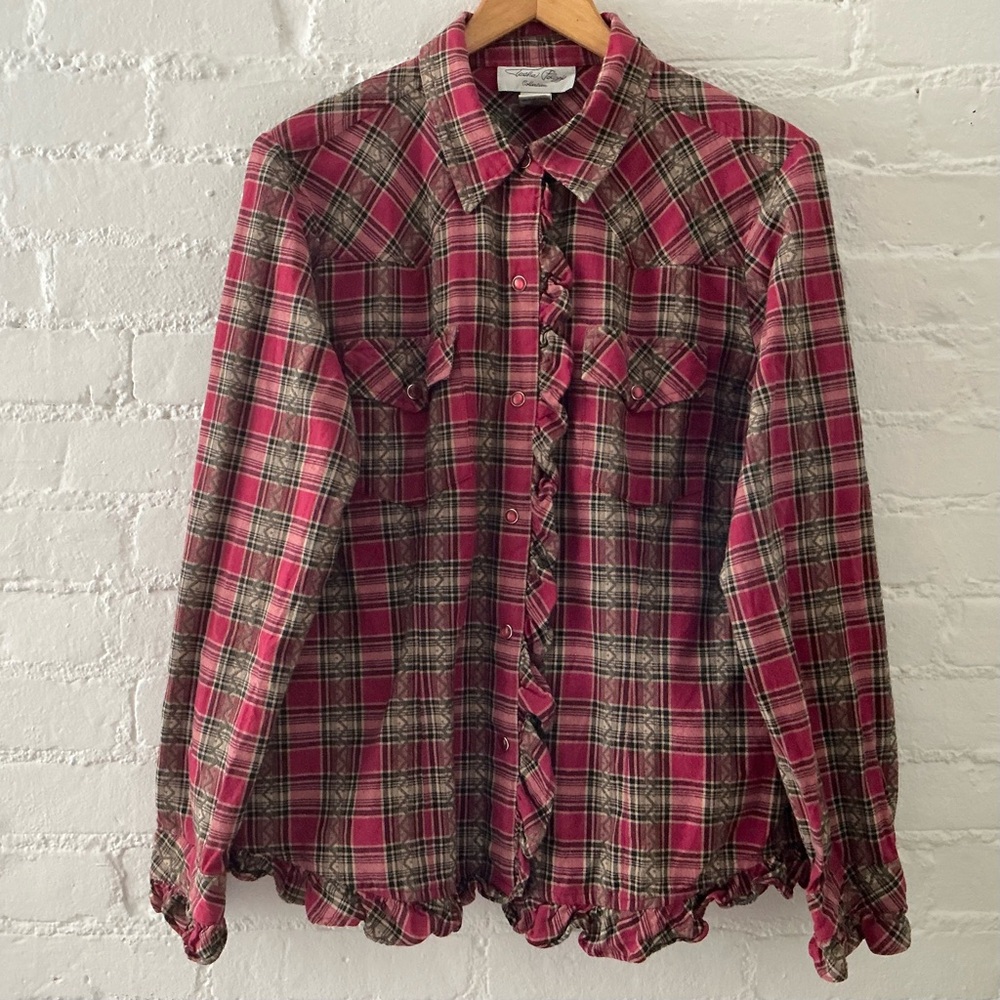 Tasha Polizzi Long Sleeve Plaid Ruffle Pearl Snap Shirt Blouse Red Green Tan L